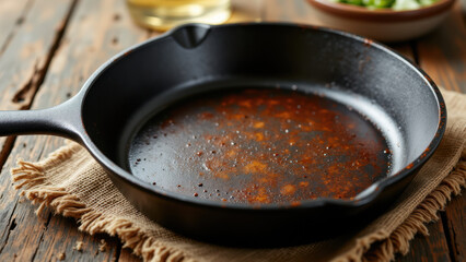 Black skillet with seasoned residue on wooden table.