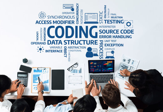 A diverse group of professionals engaged in a collaborative coding session, analyzing data structures and source code on modern digital devices in a contemporary office setting. Amity