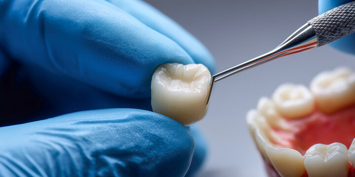 Close-up of dental technician adjusting ceramic tooth crown with precision tools, ideal for dental marketing, prosthetics ads, and healthcare visuals