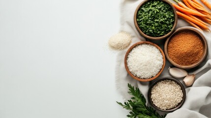 This artistic image presents an arrangement of various grains and spices, emphasizing their textures and colors, perfect for inspiring creativity in the kitchen and cooking delights.