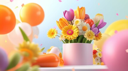 Colorful flowers, balloons, pastel decor; festive scene.