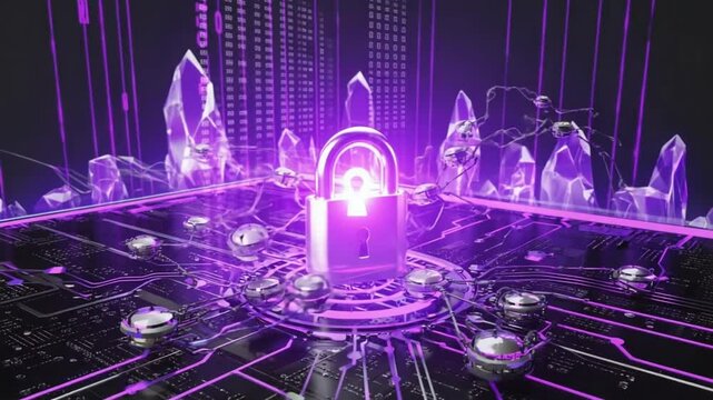 A futuristic padlock glowing red, circuit attack glitchy digital viruses. waves malware slam transparent firewall. triggers energy security countermeasures laser grids shields cinematic, dystopian