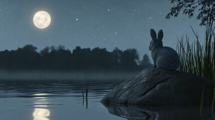 Night scene: moonlit lake, glowing rabbit, rock.