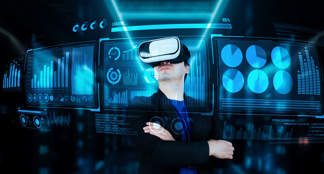 Businessman with headset standing at data center while analyzing financial data. Manager looking marketing statistic hologram and using augmented reality goggles while making a decision. Ingenuity.