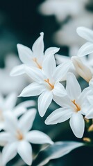 Delicate white blossoms, soft focus, dark background.