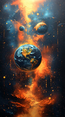 Cosmic scene with planets suspended in a fiery, nebula-filled void. Earth is central, surrounded by other planets and vibrant colors