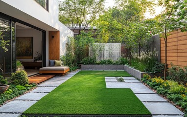 Modern backyard garden design, patio furniture, lush greenery