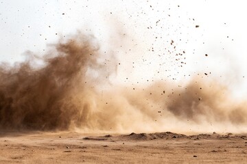 Dust sand soil smoke cloud particles isolated on transparent white background. Brown sandstorm smog sand dust explosion rising. Design elements for Compositing, covering, overlay,
