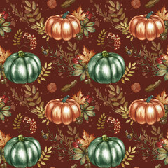 Seamless autumn pattern with pumpkins, leaves and flowers. Handmade watercolor illustration. On a dark background. For packaging, decoration, textiles and wallpaper, printing and wrapping paper.