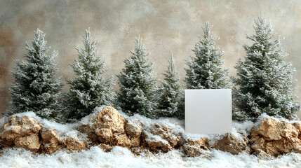 Snowy forest scene with blank card.  Snowy winter trees and rocks, blank card in center