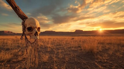 Ornate skull hangs, sunset desert backdrop.