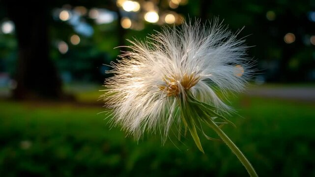 White fluffy seedhead of Tragopogon pratensis against a green grassy field with blurry background in sunlight