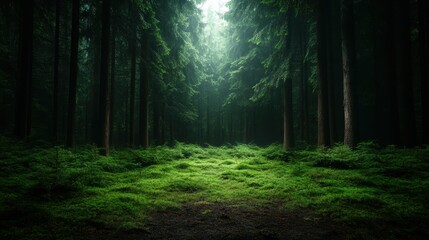 Fototapeta premium A captivating depiction of a dense forest bathed in mystical light, showcasing tall trees and lush undergrowth, inviting viewers to experience the beauty of nature's serenity.