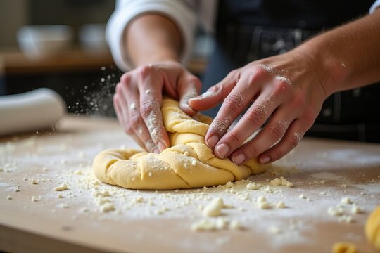 Close-up Capture of a Baker Molding Dough, Dusted with Flour, Demonstrating the Precision and Craftsmanship of Pastry Creation.