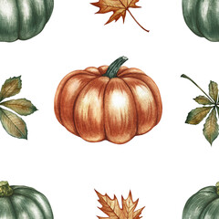 Seamless autumn pattern with pumpkins, leaves and flowers. Handmade watercolor illustration. Color image. For packaging, decor, textiles and wallpaper. As well as for printing and wrapping paper.