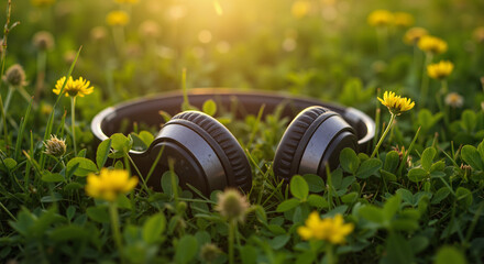 Naklejka premium Headphones resting on green grass with yellow flowers 