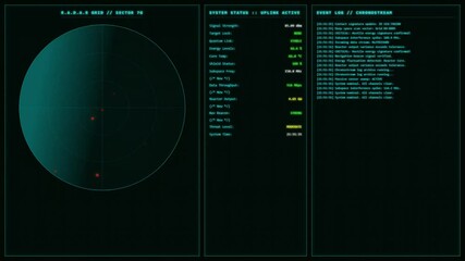 Retro-futuristic tracker UI animation. Cyan glowing interface with CRT effects. Central radar display with sweep blinking targets, system status panel, and scrolling event log. Sci-fi military theme. - Powered by Adobe