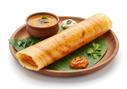 A dosa served on a wooden plate with sambar and chutneys on a banana leaf on a white background