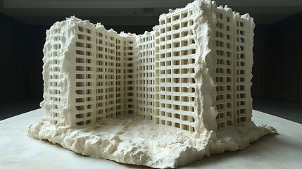 A meticulously detailed, light beige sculpted model of a crumbling apartment building.  It depicts a fractured structure, hinting at decay or demolition