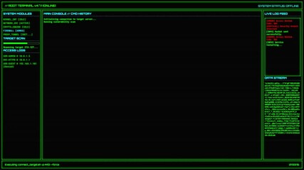 Animated futuristic hacker UI. Grid layout with glowing green cyan panels. System modules, data stream, logs, scanning progress bar, main console. Includes scanline glitch effects. Sci-fi cyber theme.