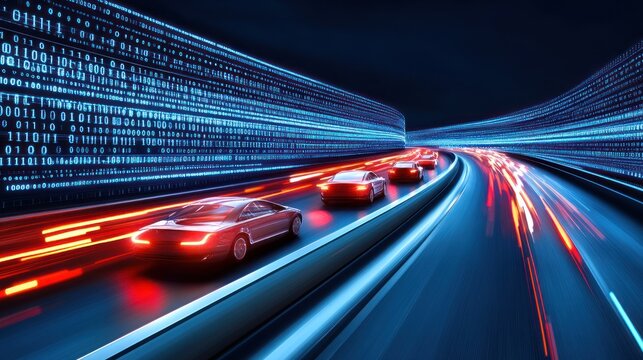 Cars on highway with binary code data stream