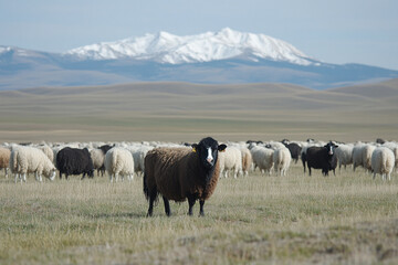 Fototapeta premium Livestock grazing on open pasture with mountains in the distance under a clear blue sky