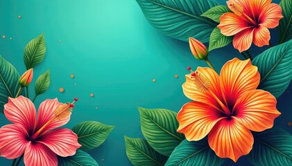 Bold hibiscus blooms, vibrant tropical print, teal & orange, flowers, summer