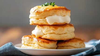 A delightful display of warm biscuits with creamy filling, garnished for an appealing look on a vibrant plate, perfect for a comforting snack or dessert.