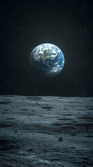 Earth rising above a moonlit landscape.  Vast expanse of space with a vibrant Earth centered against a moon surface