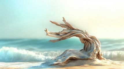Coastal relic: Bleached driftwood sculpture on sandy shore against calming ocean backdrop