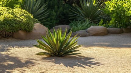 Desert plant, gravel, sunlight, shadow, garden.