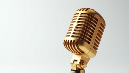Fototapeta premium Close-up shot of a single gold microphone isolated on white , shiny, photo