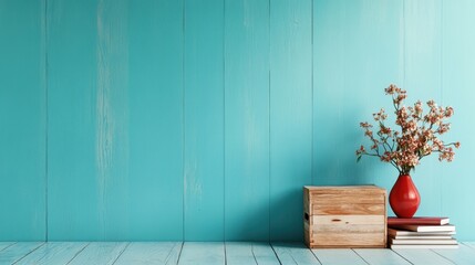 A beautifully arranged vase filled with flowers sits atop a rustic wooden box against a vibrant teal backdrop, creating a lively and inviting atmosphere in any space.