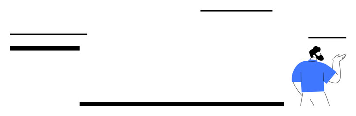 Simplified person in blue shirt gesturing at abstract horizontal black lines. Ideal for creativity, simplicity, design, innovation, focus, presentation, teamwork. Flat simple metaphor