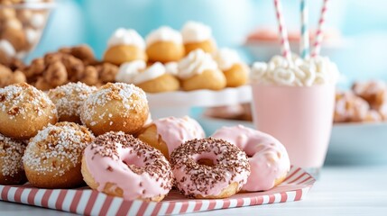 A tempting assortment of colorful donuts and pastries is arranged on a table, inviting dessert lovers to indulge in a visual feast of delightful confectionery creations.