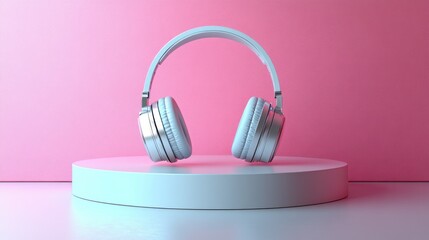Light blue headphones on a white pedestal