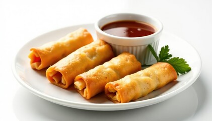 Crispy spring rolls, soy sauce, white backdrop, asian food, isolated, cooking