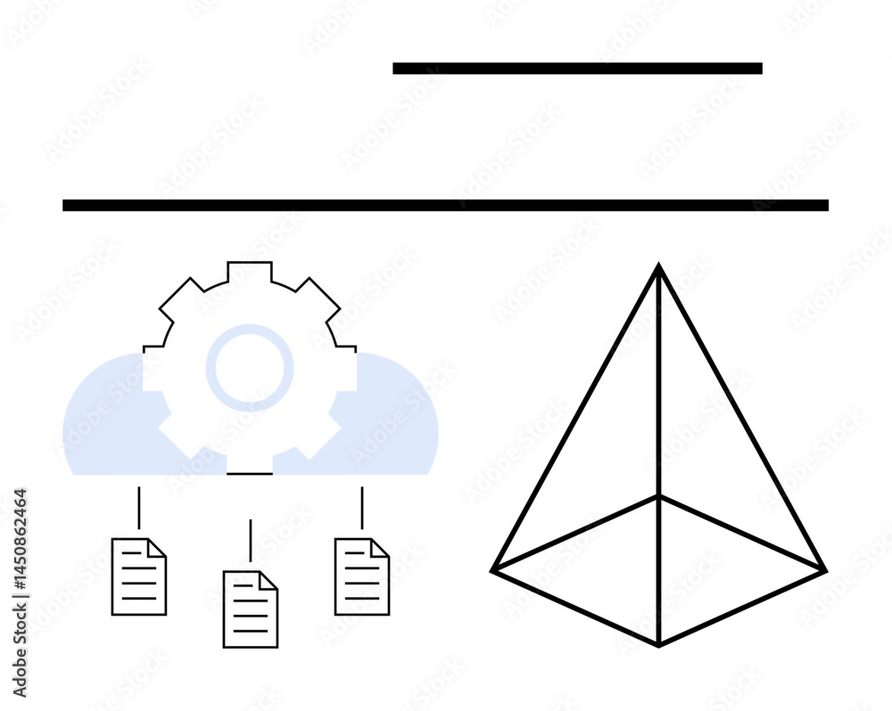 Poster gear and cloud above linked documents signify data management pyramid highlights structured growth a