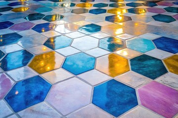 Colorful hexagonal tile floor reflects ambient light.  Polished tiles in various shades of blue, pink, and gold create a vibrant mosaic pattern