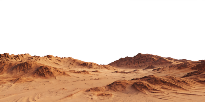 mars planet landscape with sand and rocky mountains isolated on white background PNG