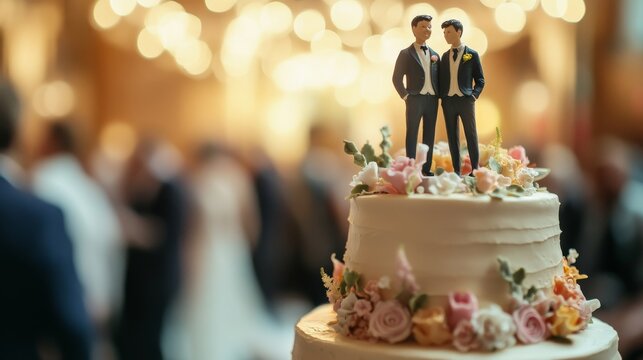 Exquisite wedding cake showcases modern geometric design and two groom figurines celebrating love