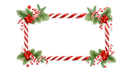 Candy cane frame with holly leaves and red berries for christmas time isolated on transparent background	