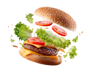 Burger fallend isoliert auf weißem Hintergrund, Freisteller 