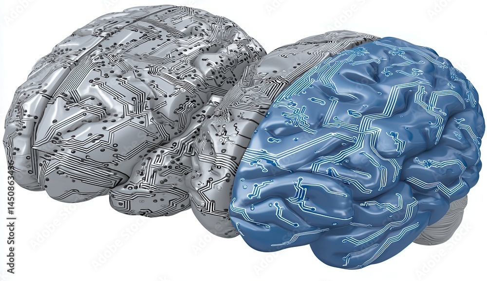 Poster half circuit brain combined with half human brain displaying a holographic blue neon glow from a top