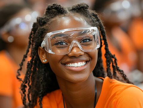 Smiling girl in safety glasses