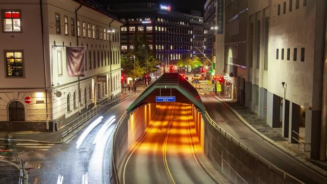 Oslo Nightlife in Motion Timelapse Showing Busy Traffic Patterns