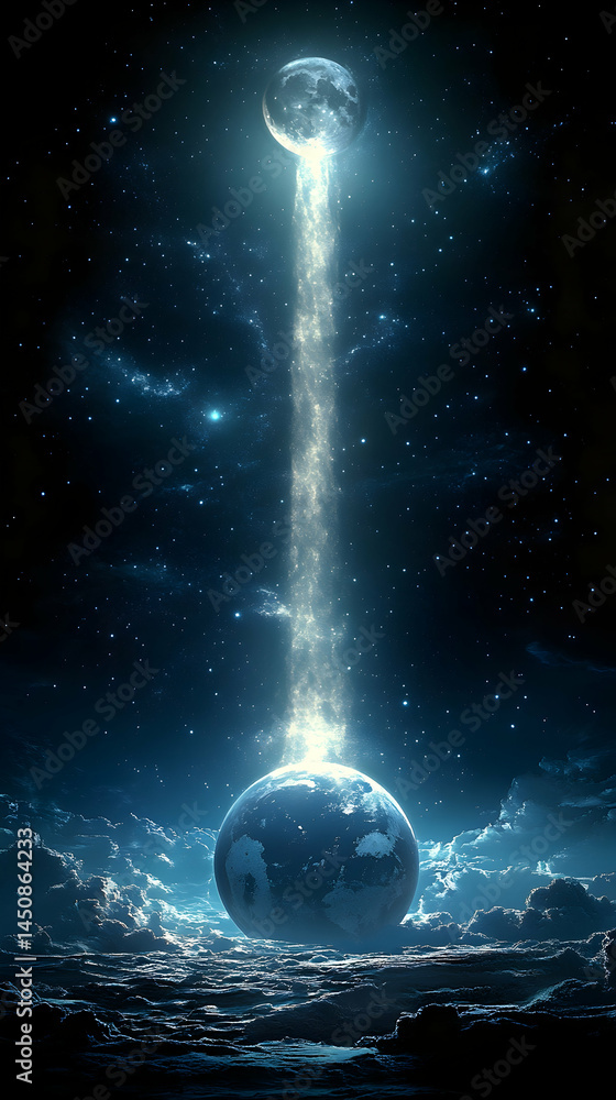 Poster a celestial beam connects a full moon to a planet below set against a backdrop of stars and clouds t