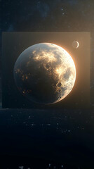 A celestial body possibly a planet or moon dominates the frame illuminated from the right revealing a textured surfa