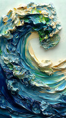 Fototapeta premium Abstract painting of a powerful wave, showcasing textured brushstrokes of blues, greens, and creams