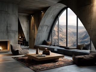 Minimalist brutalist architecture, living room mockup